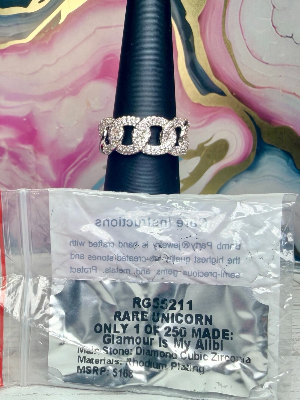 Bomb Party •Rare Unicorn• Ring “Glamour Is My Alibi” Size 8 on Rhodium